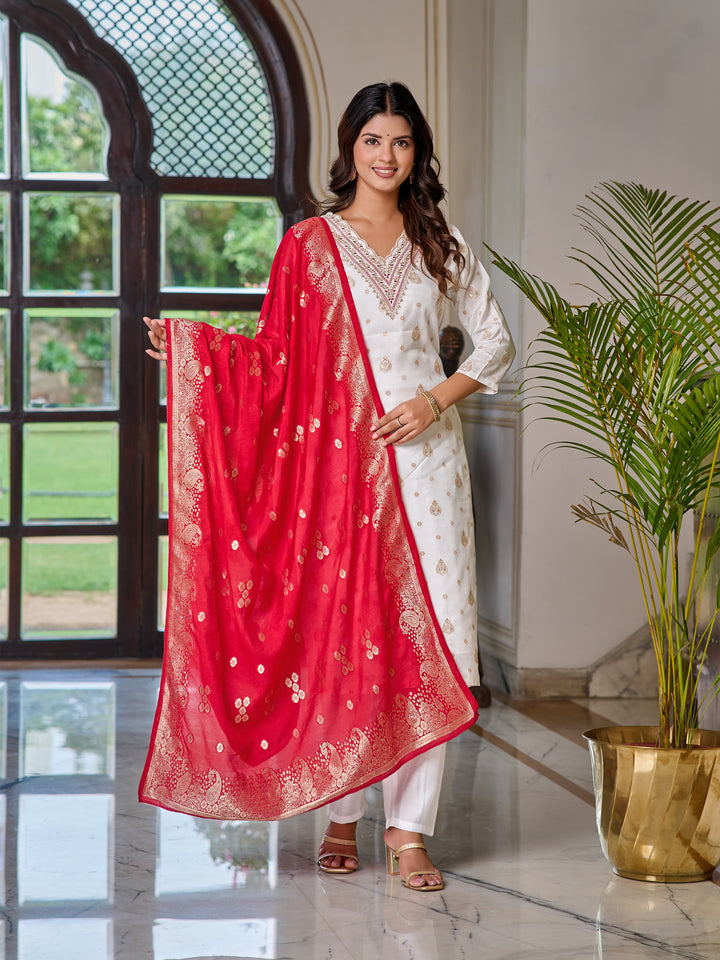 White Color Jaquard Kurti Embroidery With Pant And Dupatta Set