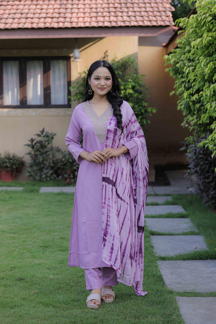 Lavender Color Slub Kurti Embroidery With Pant And Dupatta Set