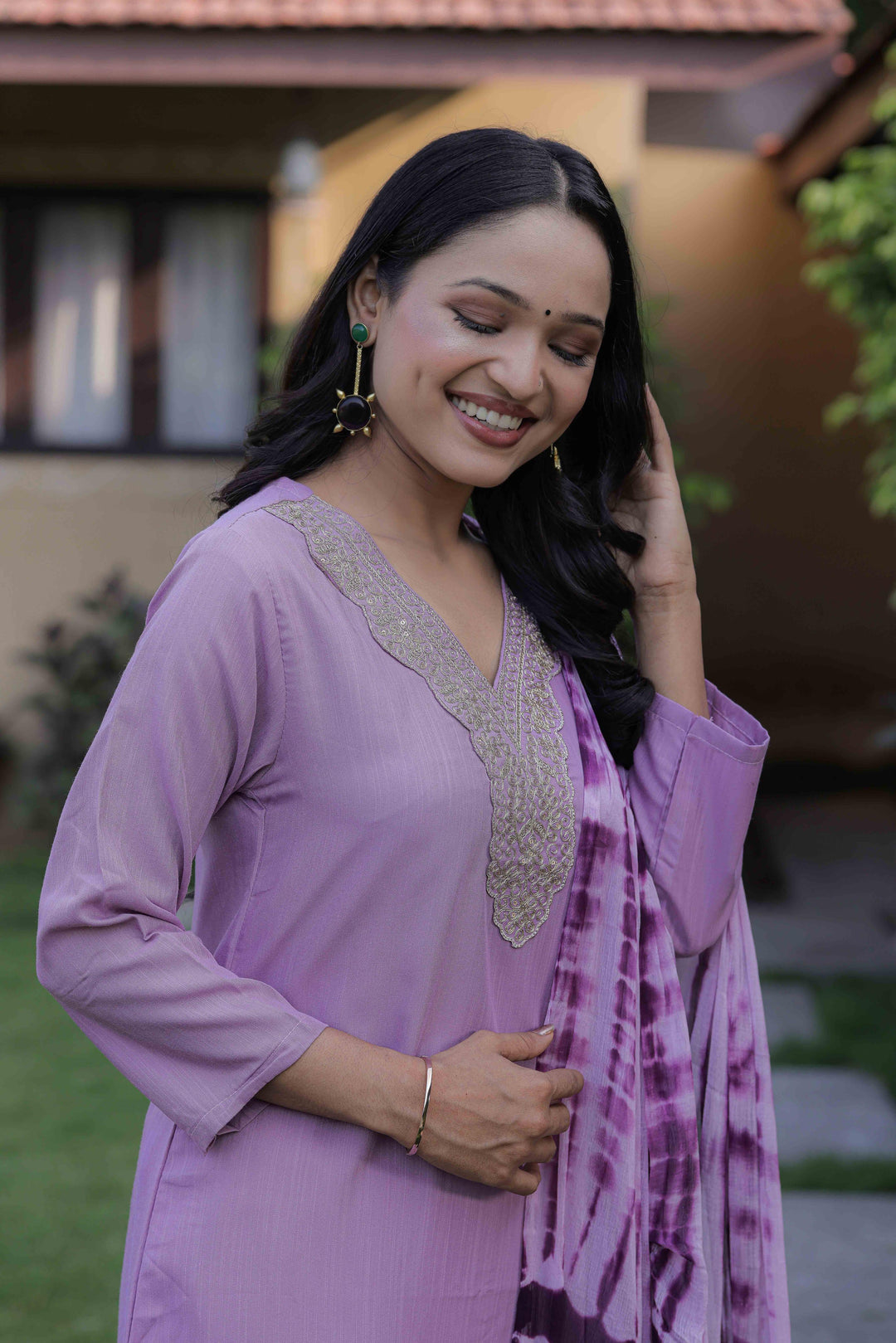 Lavender Color Slub Kurti Embroidery With Pant And Dupatta Set