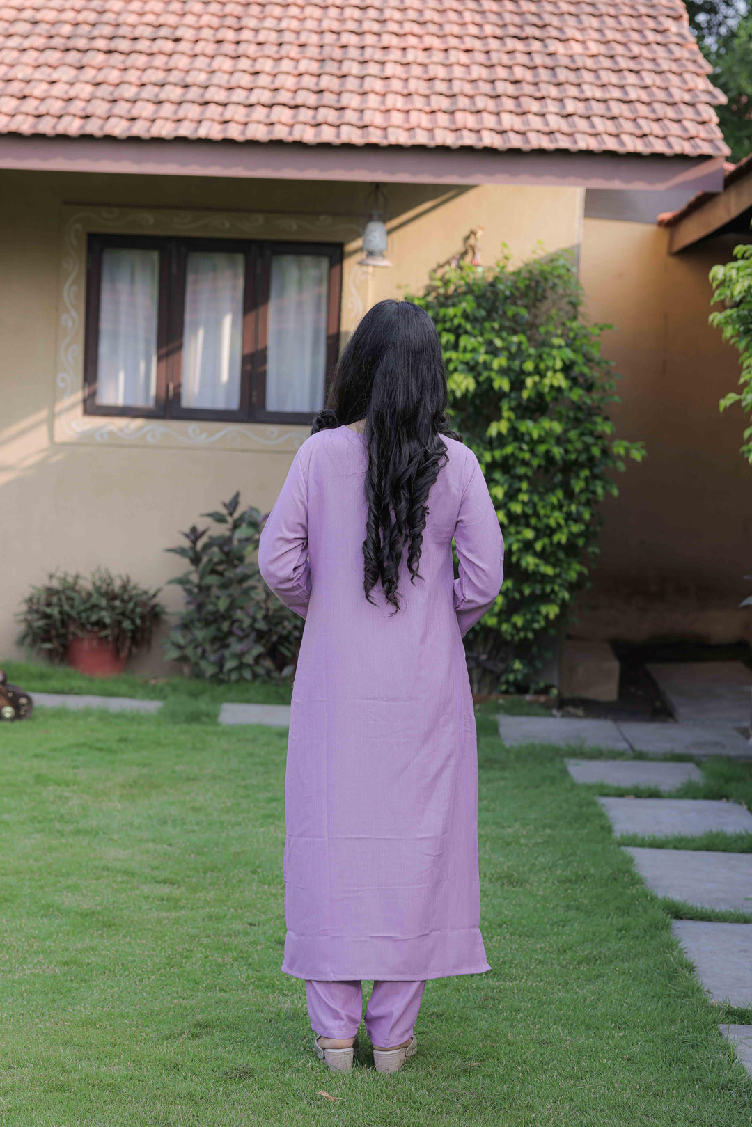Lavender Color Slub Kurti Embroidery With Pant And Dupatta Set