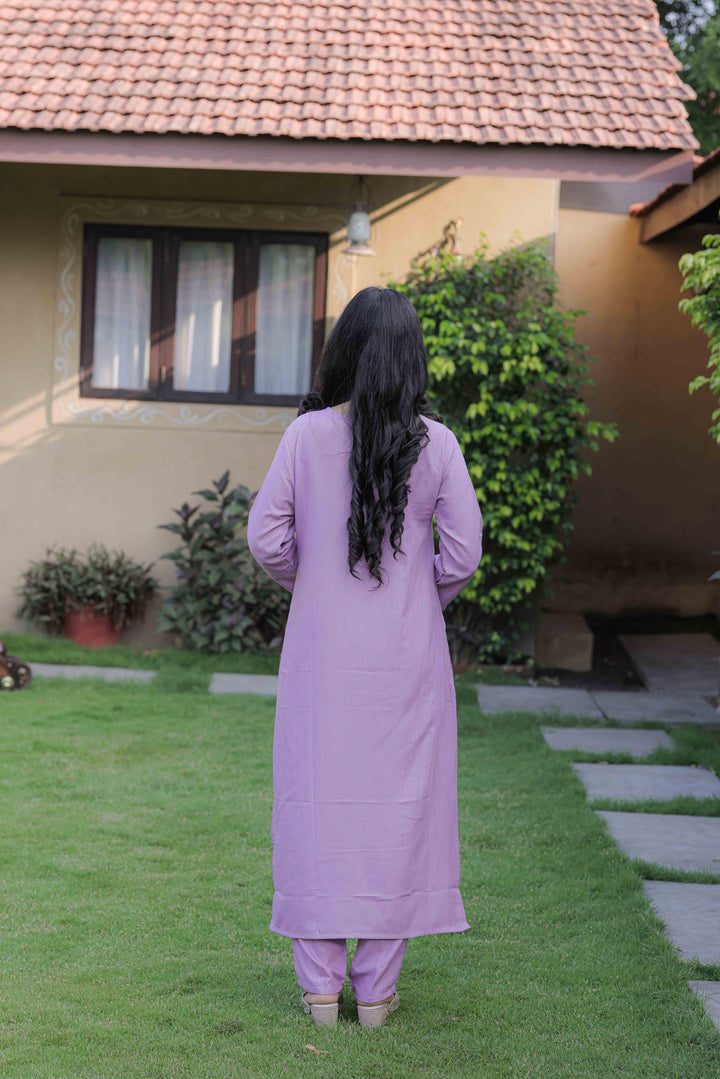 Lavender Color Slub Kurti Embroidery With Pant And Dupatta Set