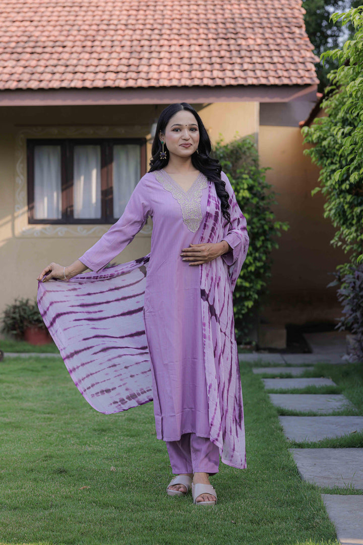 Lavender Color Slub Kurti Embroidery With Pant And Dupatta Set