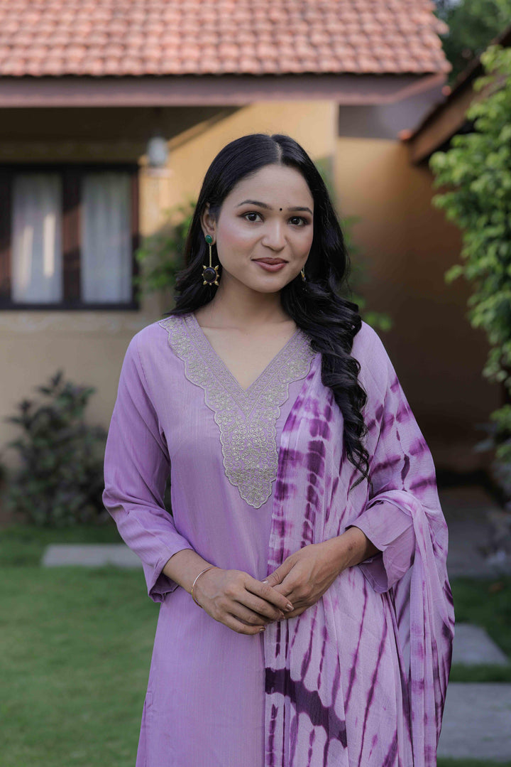Lavender Color Slub Kurti Embroidery With Pant And Dupatta Set