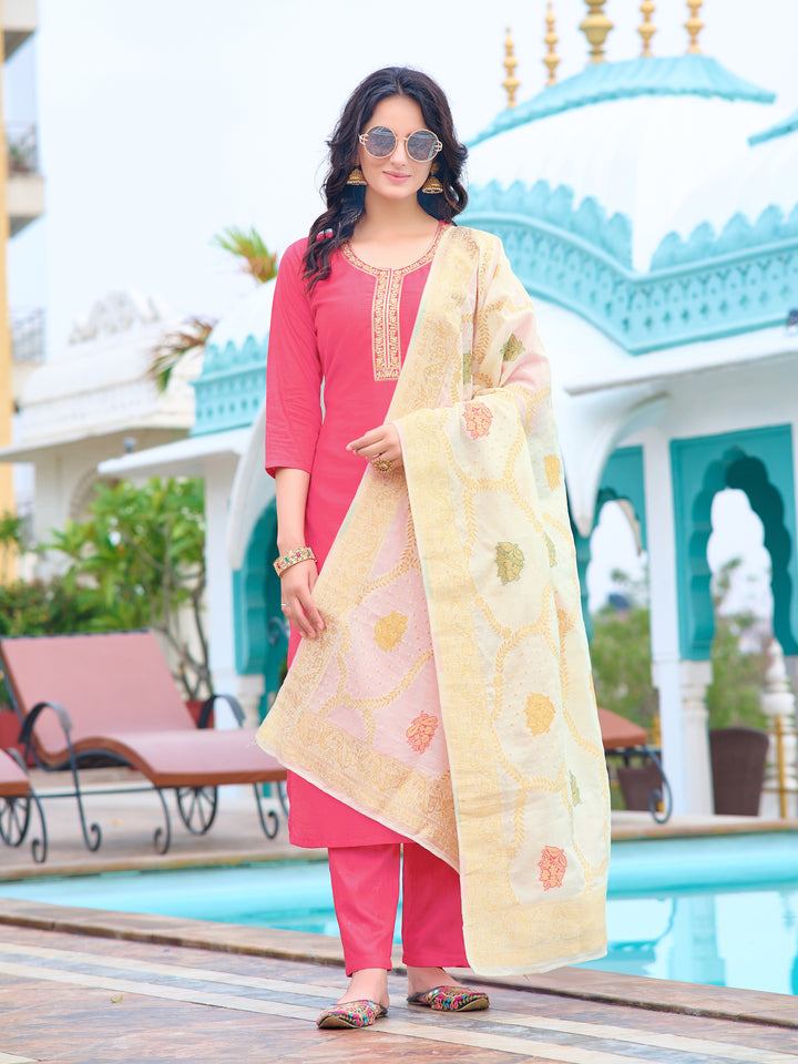 Pink Color Chanderi Kurti Embroidery With Pant And Dupatta Set