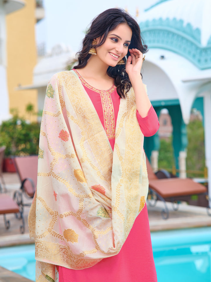 Pink Color Chanderi Kurti Embroidery With Pant And Dupatta Set
