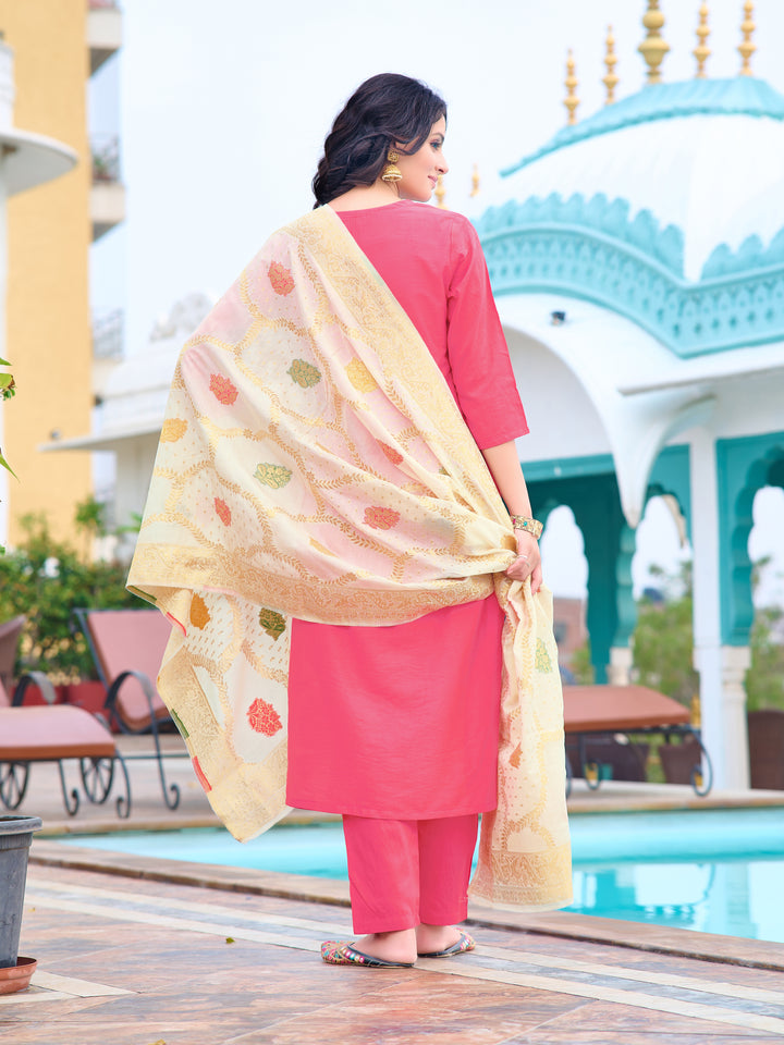 Pink Color Chanderi Kurti Embroidery With Pant And Dupatta Set