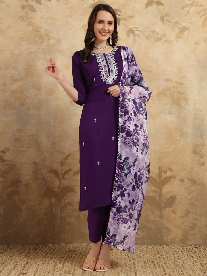 Purple Color Chanderi Kurti Embroidery With Pant And Dupatta Set