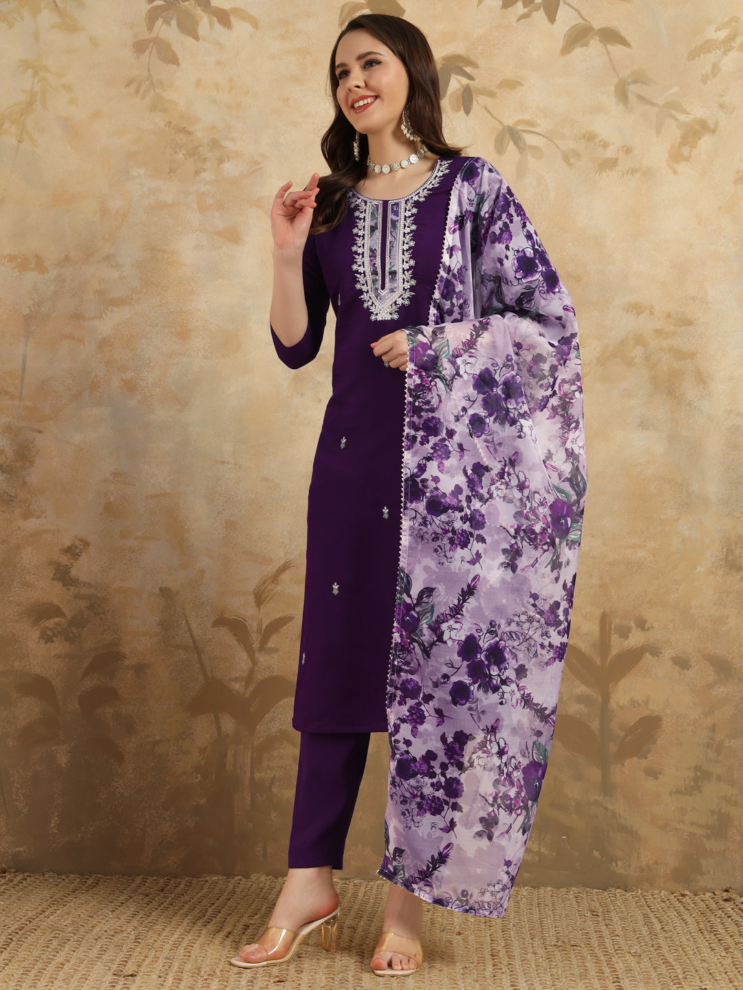 Purple Color Chanderi Kurti Embroidery With Pant And Dupatta Set