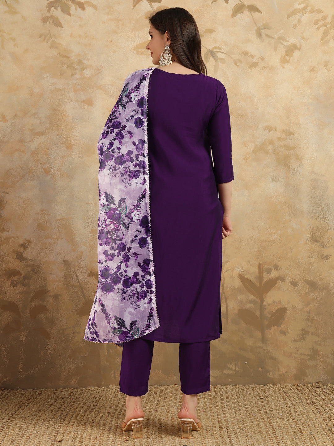 Purple Color Chanderi Kurti Embroidery With Pant And Dupatta Set