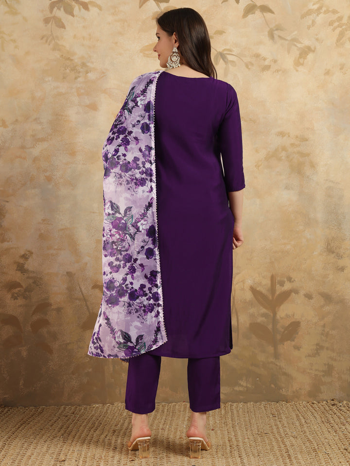 Purple Color Chanderi Kurti Embroidery With Pant And Dupatta Set