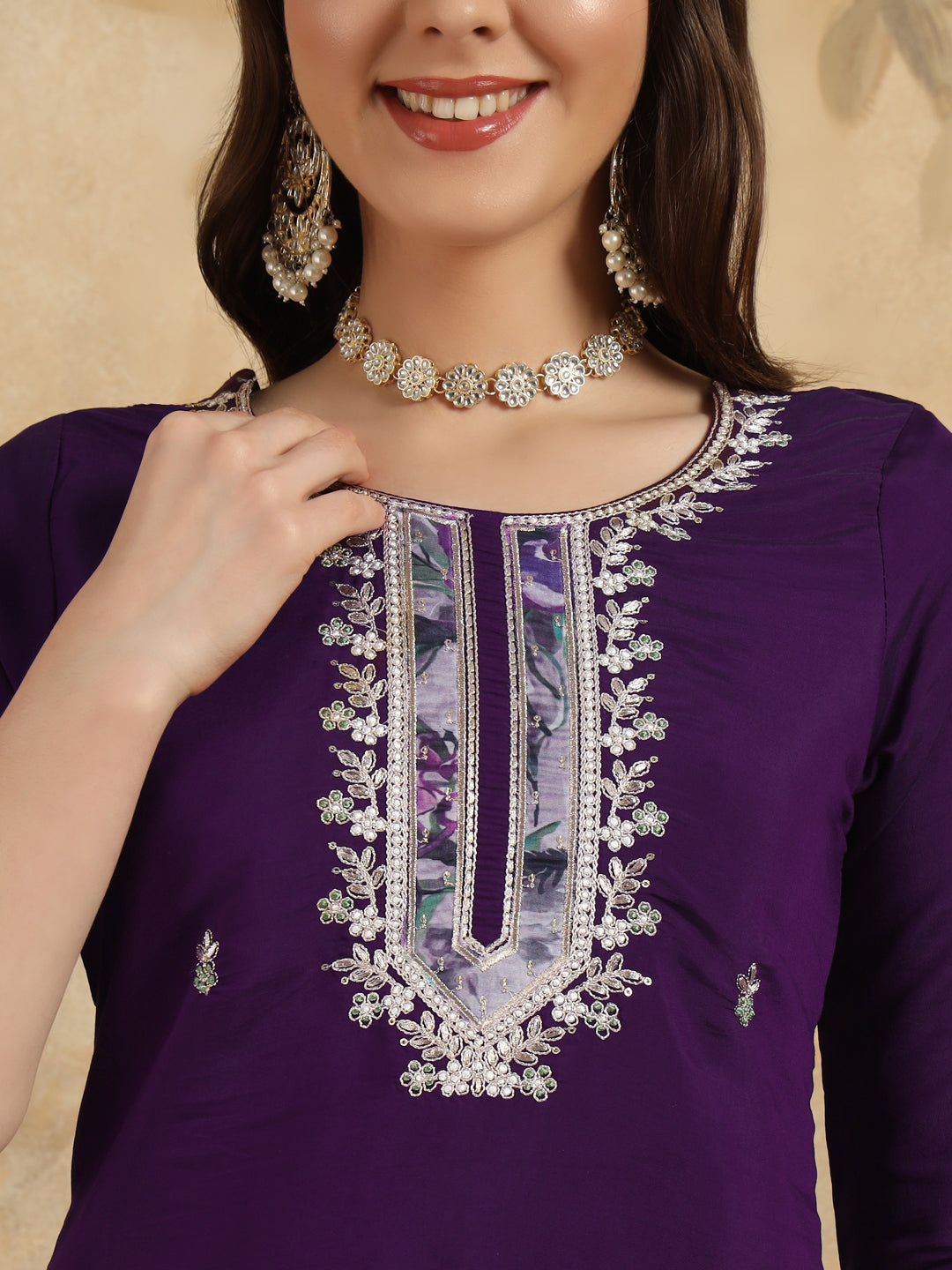 Purple Color Chanderi Kurti Embroidery With Pant And Dupatta Set