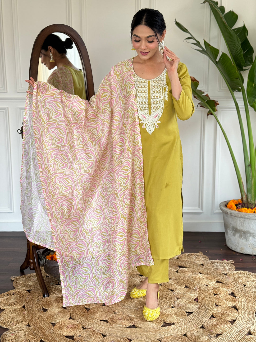 Liril Color Slub Magic Kurti Embroidery With Pant And Dupatta Set