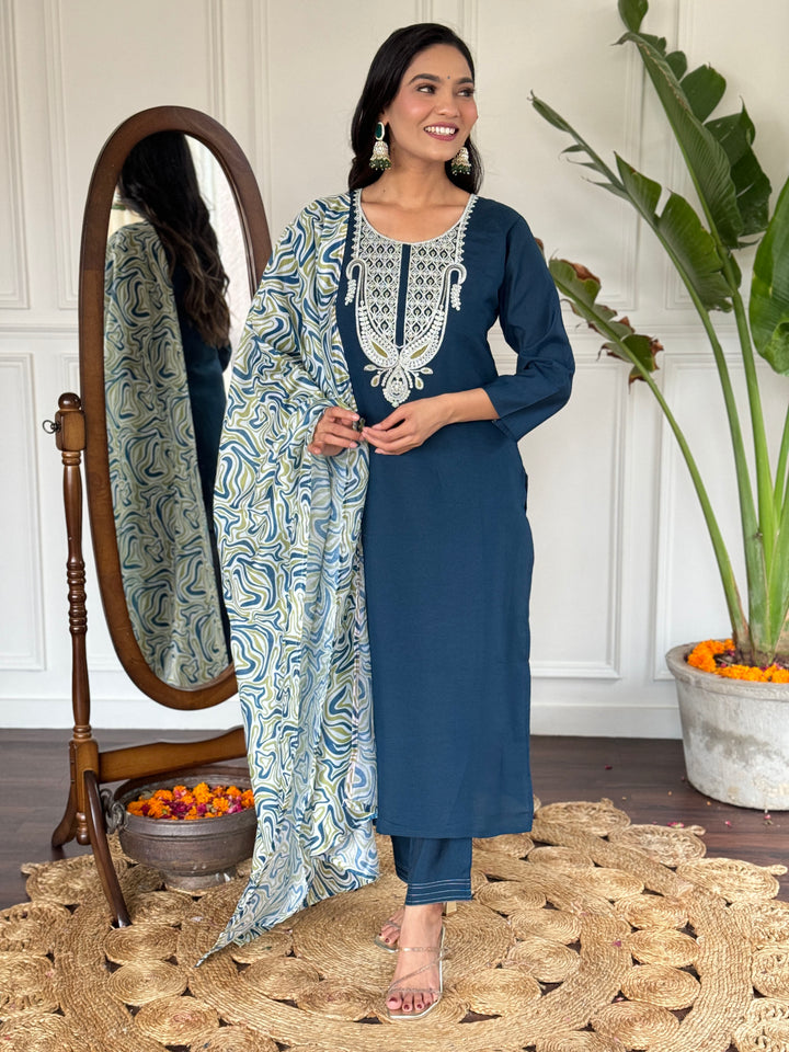 Petrol Color Slub Magic Kurti Embroidery With Pant And Dupatta Set