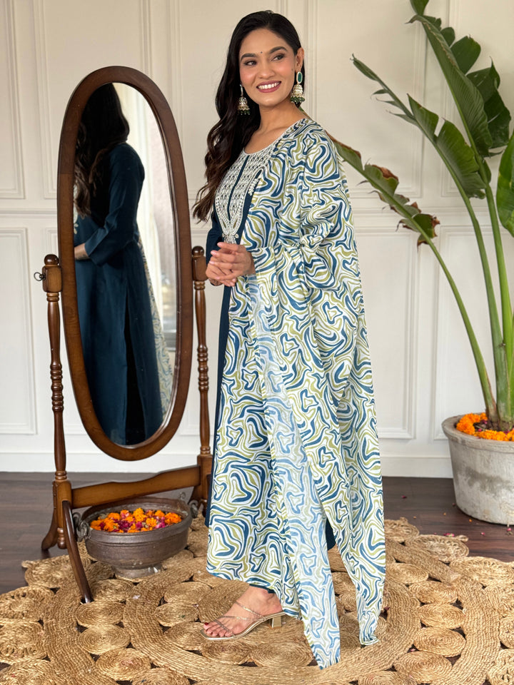 Petrol Color Slub Magic Kurti Embroidery With Pant And Dupatta Set