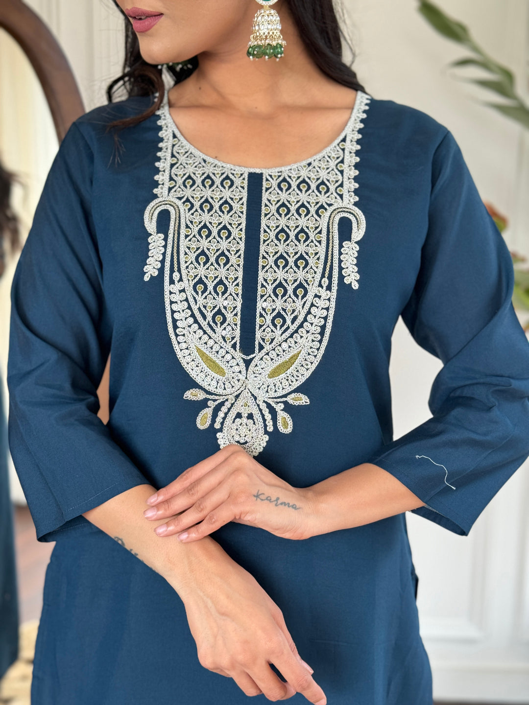 Petrol Color Slub Magic Kurti Embroidery With Pant And Dupatta Set