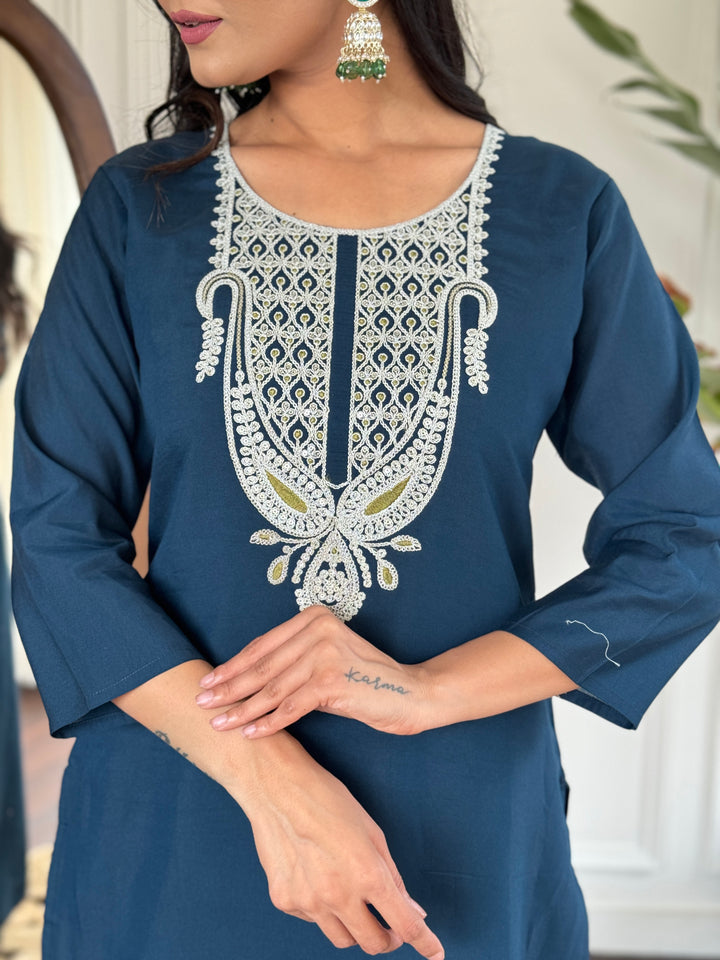 Petrol Color Slub Magic Kurti Embroidery With Pant And Dupatta Set