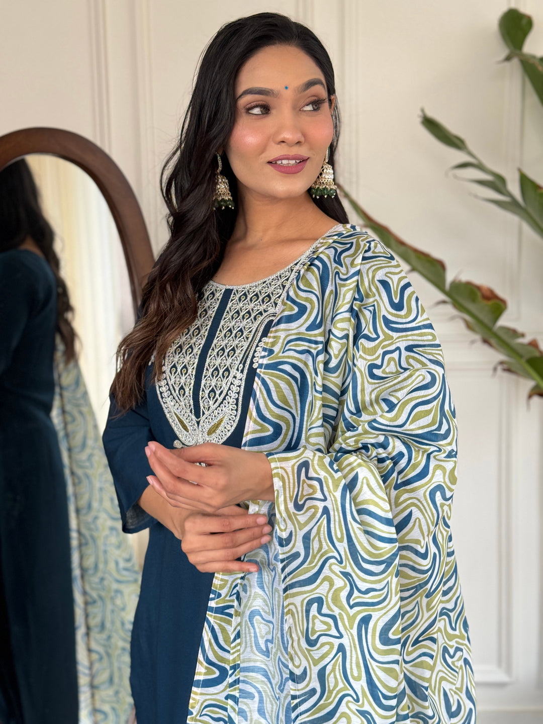 Petrol Color Slub Magic Kurti Embroidery With Pant And Dupatta Set