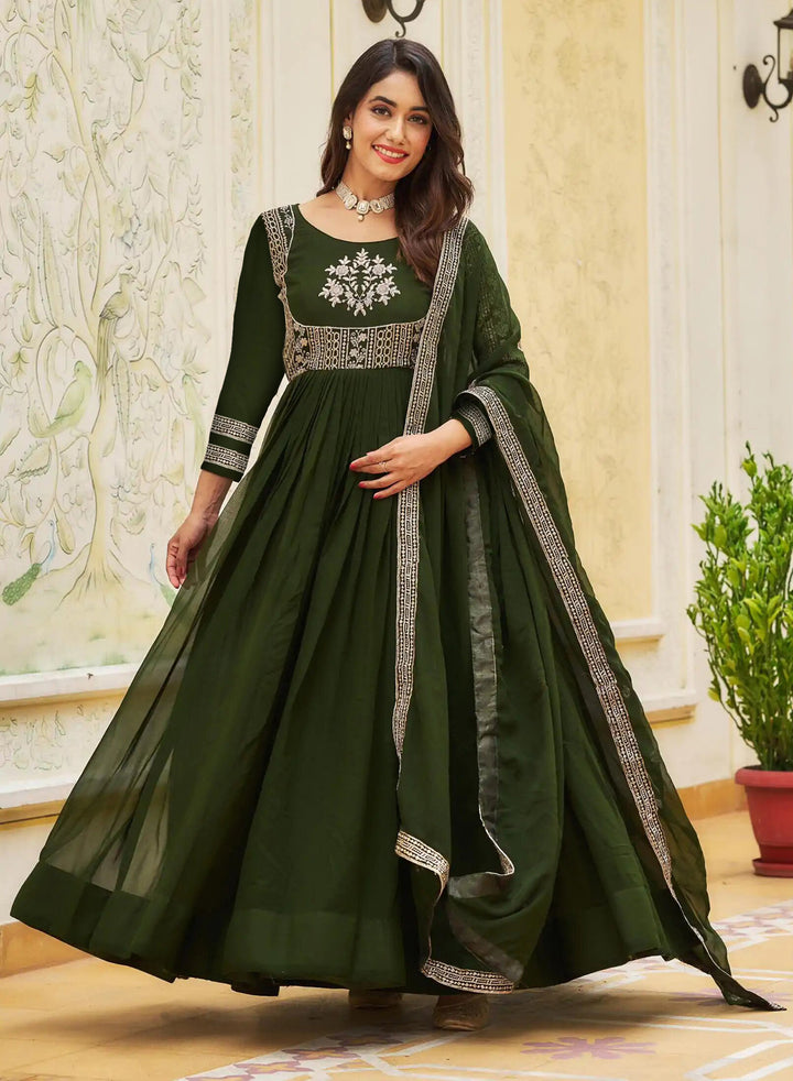 Green Georgette Gown With Embroidery Sequence Work And Dupatta For Women, Anarkali Kurti, Long Flared Dress For Wedding, Dress For Wedding