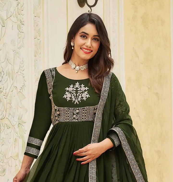 Green Georgette Gown With Embroidery Sequence Work And Dupatta For Women, Anarkali Kurti, Long Flared Dress For Wedding, Dress For Wedding