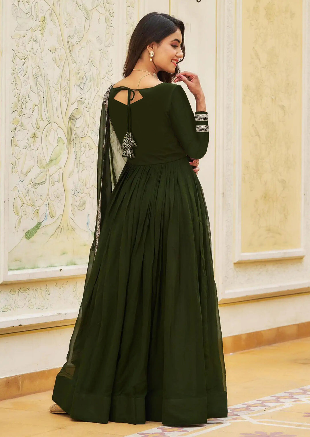 Green Georgette Gown With Embroidery Sequence Work And Dupatta For Women, Anarkali Kurti, Long Flared Dress For Wedding, Dress For Wedding