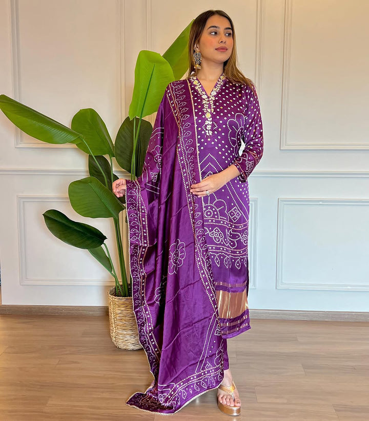 Purple Color Viscose Position Print Embroidery Kurti with Pant And Dupatta Sets