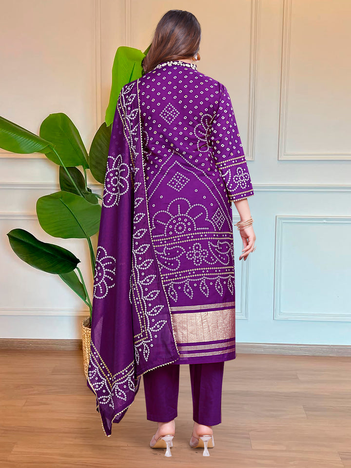 Purple Color Viscose Position Print Embroidery Kurti with Pant And Dupatta Sets