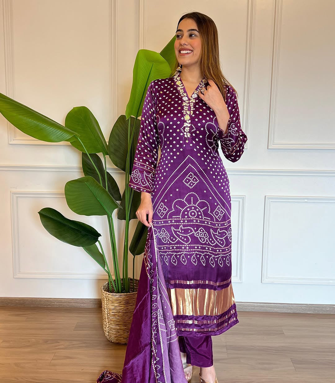 Purple Color Viscose Position Print Embroidery Kurti with Pant And Dupatta Sets