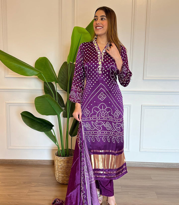 Purple Color Viscose Position Print Embroidery Kurti with Pant And Dupatta Sets