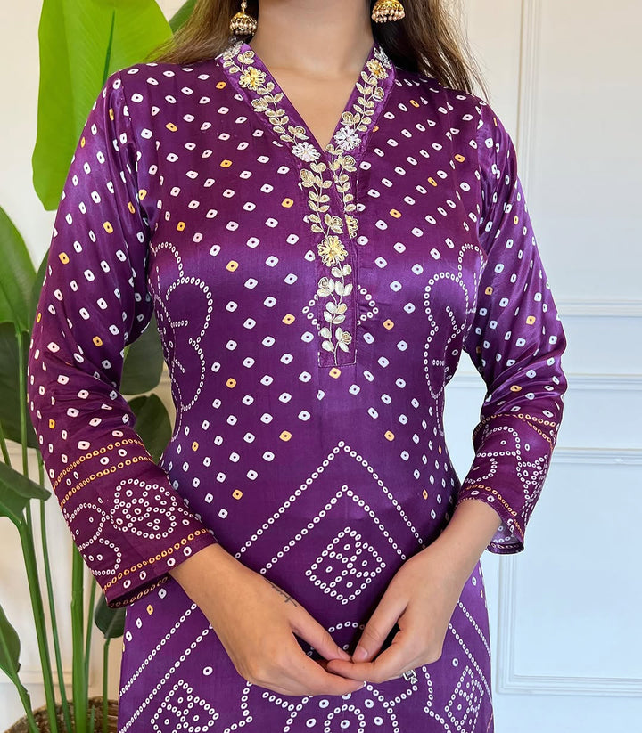 Purple Color Viscose Position Print Embroidery Kurti with Pant And Dupatta Sets