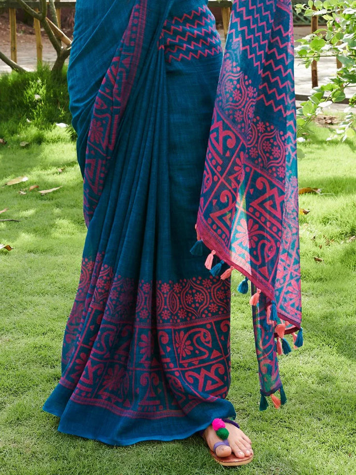 Blue Color Cotton Linen Saree With Unstitched Blouse Piece