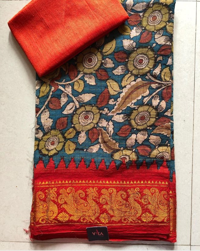 Multi Color Cotton Linen Saree With Unstitched Blouse Piece
