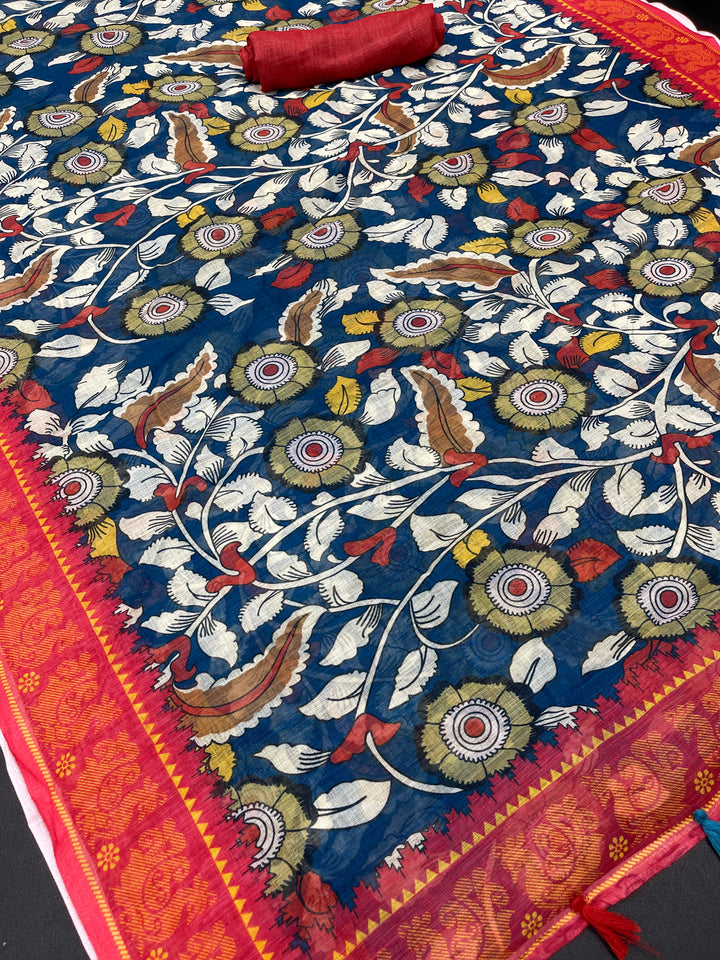 Multi Color Cotton Linen Saree With Unstitched Blouse Piece