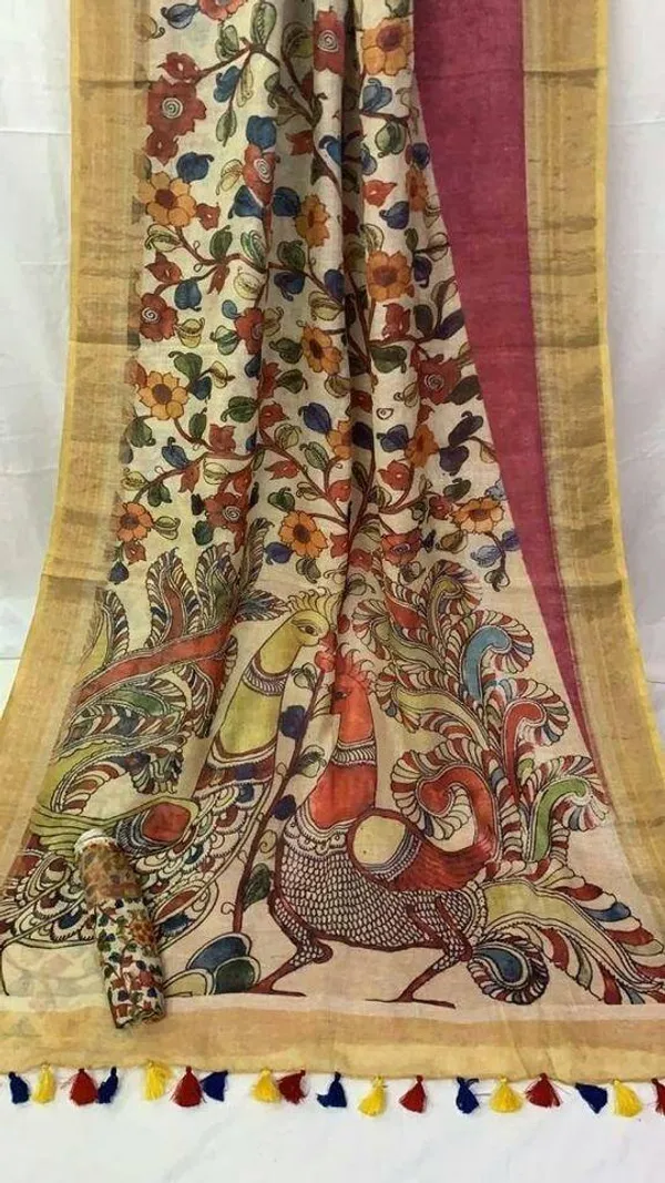 Multi Color Cotton Linen Saree With Unstitched Blouse Piece