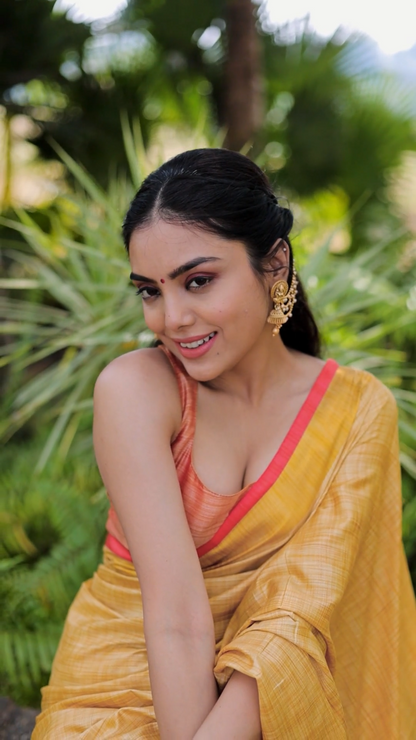 Beige Color Cotton Linen Saree With Unstitched Blouse Piece