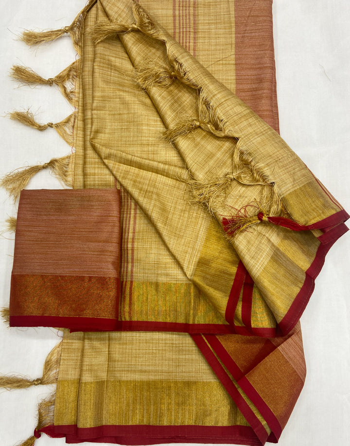 Beige Color Cotton Linen Saree With Unstitched Blouse Piece