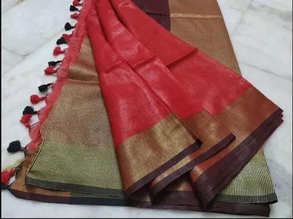 Red Color Cotton Linen Saree With Unstitched Blouse Piece
