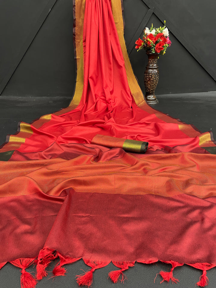 Red Color Cotton Linen Saree With Unstitched Blouse Piece
