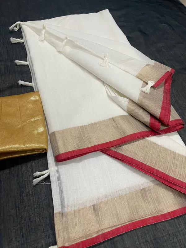 White Color Cotton Linen Saree With Unstitched Blouse Piece