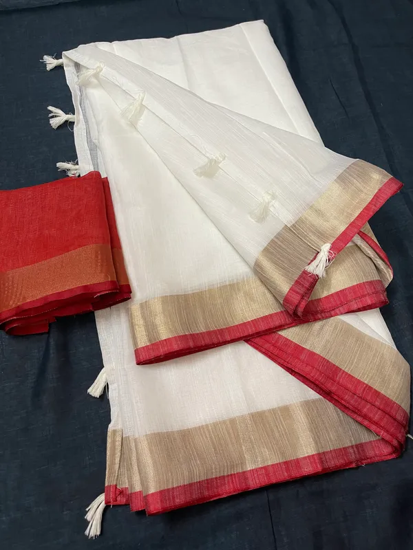 White Color Cotton Linen Saree With Unstitched Blouse Piece