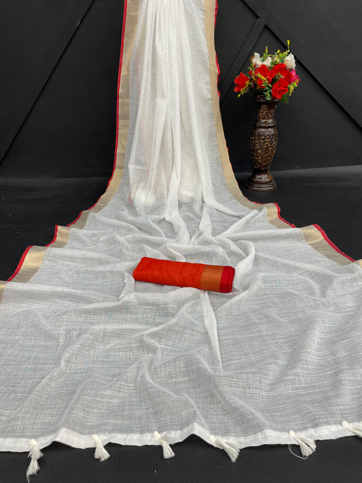 White Color Cotton Linen Saree With Unstitched Blouse Piece