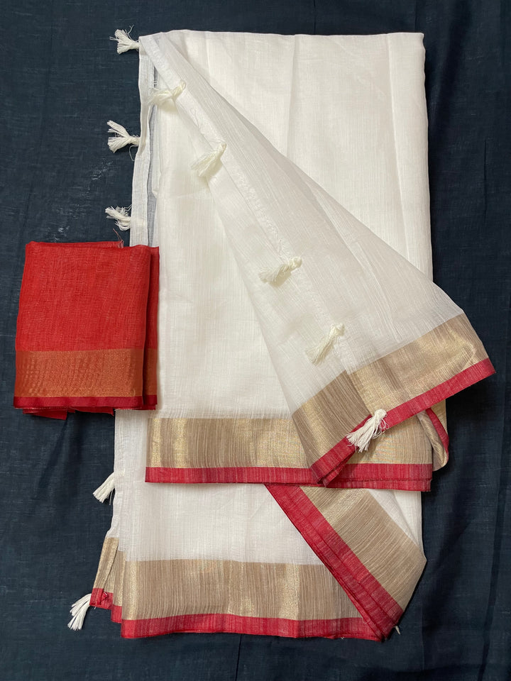 White Color Cotton Linen Saree With Unstitched Blouse Piece