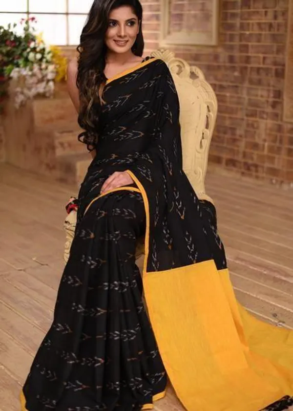 Black and Yellow Color Cotton Linen Saree With Unstitched Blouse Piece