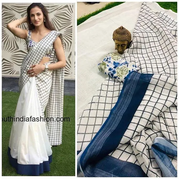 White Color Cotton Linen Saree With Unstitched Blouse Piece