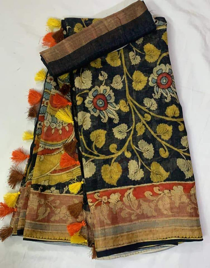 Black Color Cotton Linen Saree With Unstitched Blouse Piece