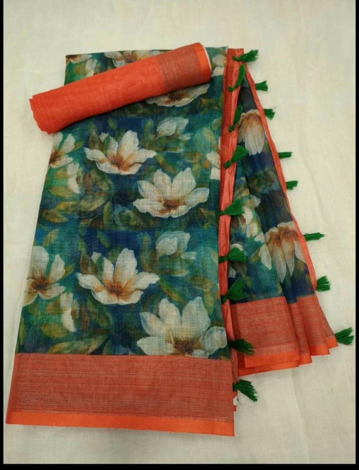 Green Color Cotton Linen Saree With Unstitched Blouse Piece