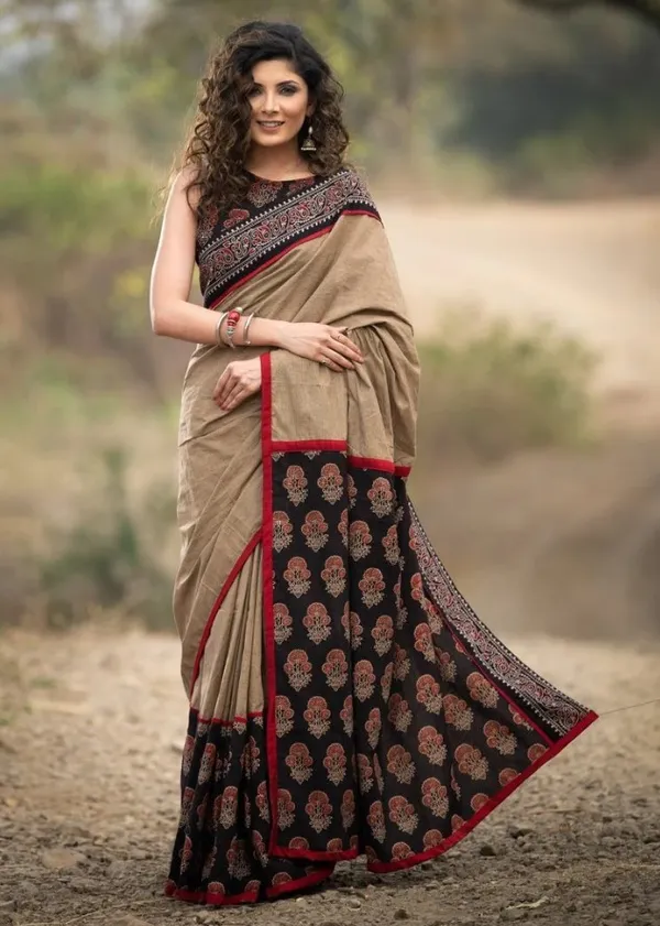 Beige Color Cotton Linen Saree With Unstitched Blouse Piece