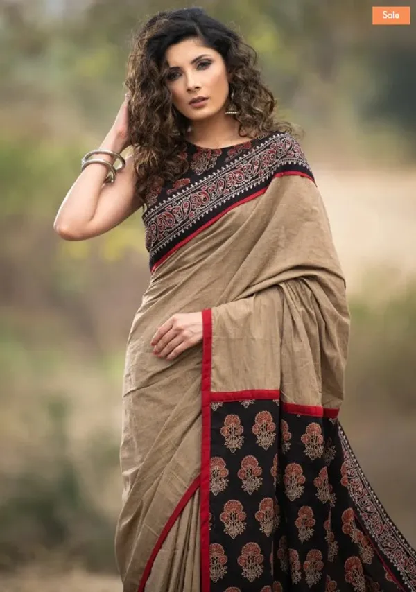 Beige Color Cotton Linen Saree With Unstitched Blouse Piece