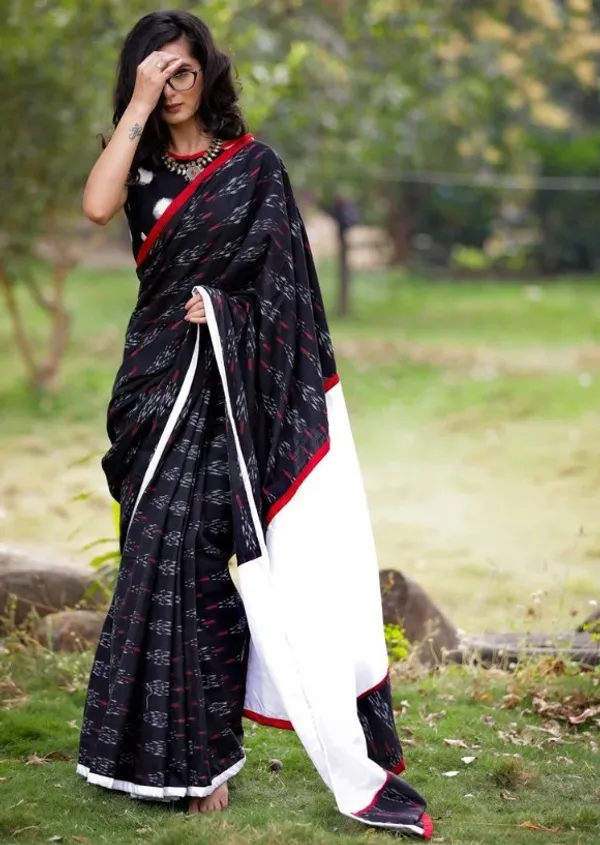 Black and White Color Cotton Linen Saree With Unstitched Blouse Piece