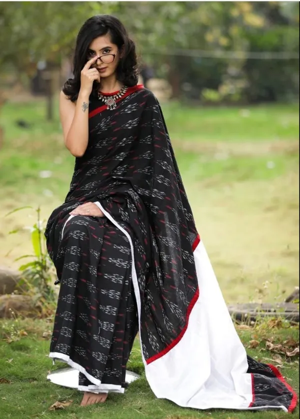 Black and White Color Cotton Linen Saree With Unstitched Blouse Piece