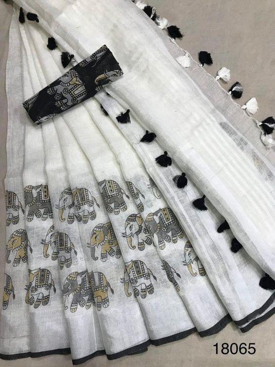 White Color Cotton Linen Saree With Unstitched Blouse Piece